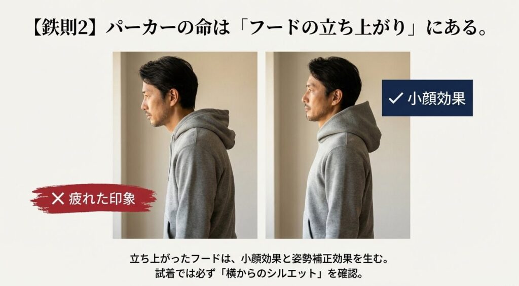 疲れた印象と小顔効果の違い。フードの立ち上がりが横からのシルエットに与える影響