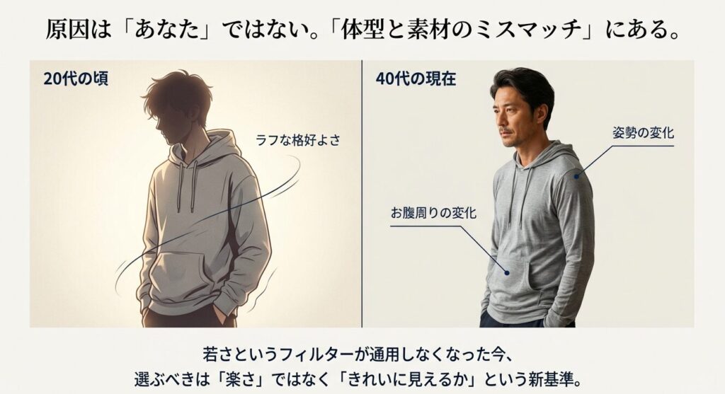20代の頃の基準のままでは失敗する、40代の体型と素材のミスマッチを解説した図解
