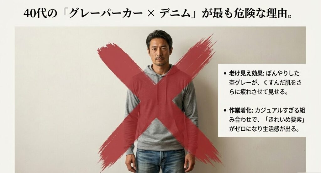 老け見えと作業着化を招く40代のグレーパーカーとデニムの組み合わせNG例