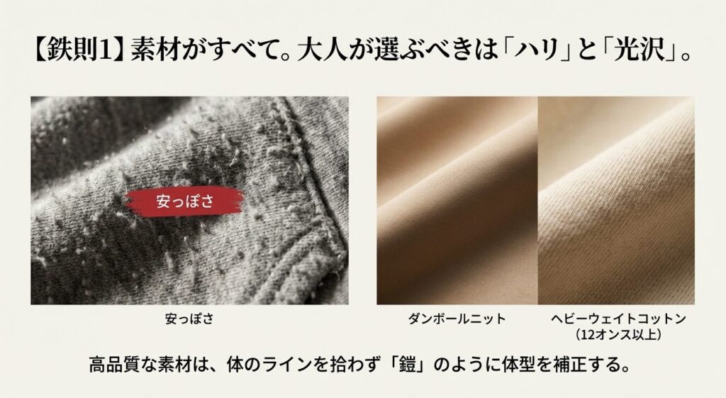 安っぽい化学繊維と高品質な素材の違い。体のラインを拾わない素材選びの鉄則