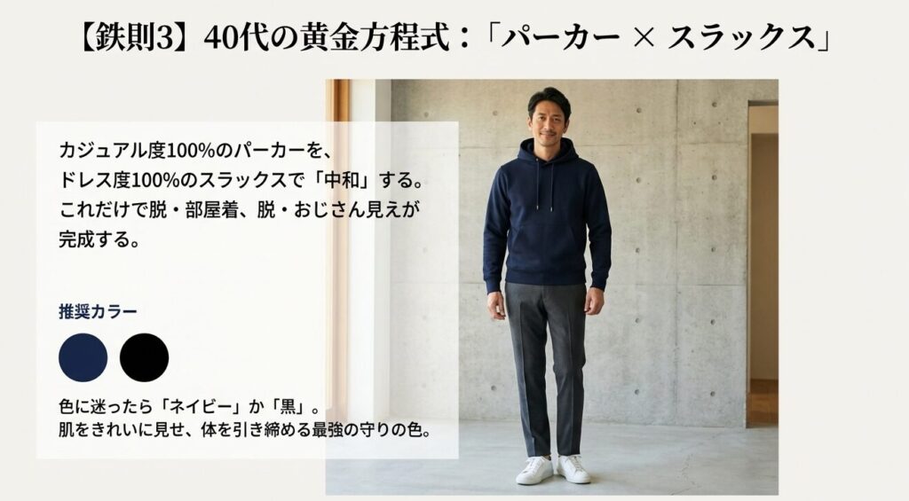 カジュアルなパーカーをドレスなスラックスで中和する40代の黄金方程式