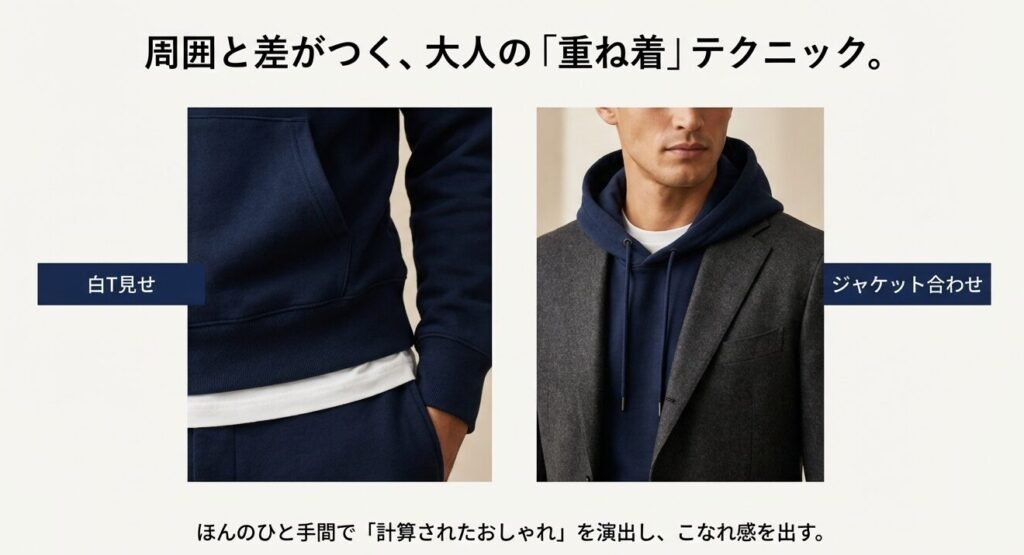 周囲と差がつく大人の重ね着テクニック。白T見せとジャケット合わせのコーディネート例