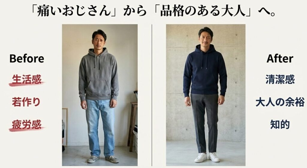 生活感のあるNGコーデと清潔感のあるOKコーデの比較。痛いおじさんから品格のある大人への変化
