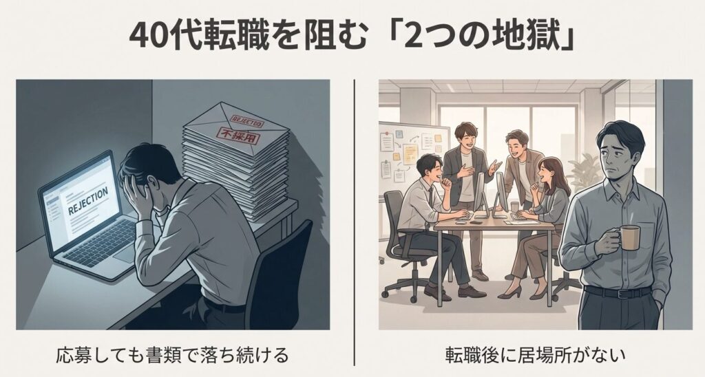 書類選考で不採用が続き、職場で孤立感を感じる40代のイメージ