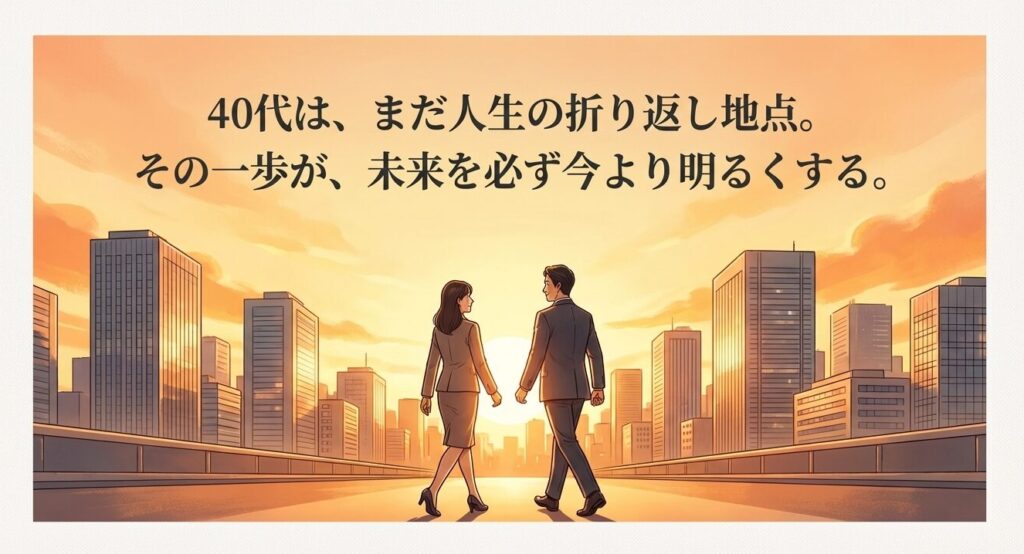 人生の折り返し地点から未来へ歩き出す40代男女の希望に満ちたイラスト