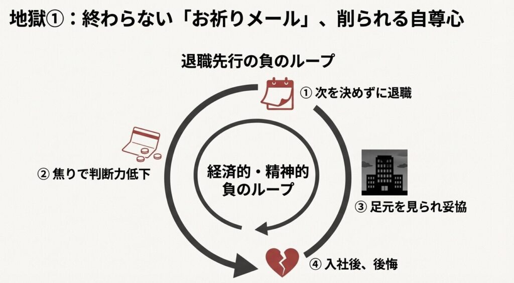次を決めずに退職することで陥る「お祈りメール」と「経済的困窮」の負のループ図解