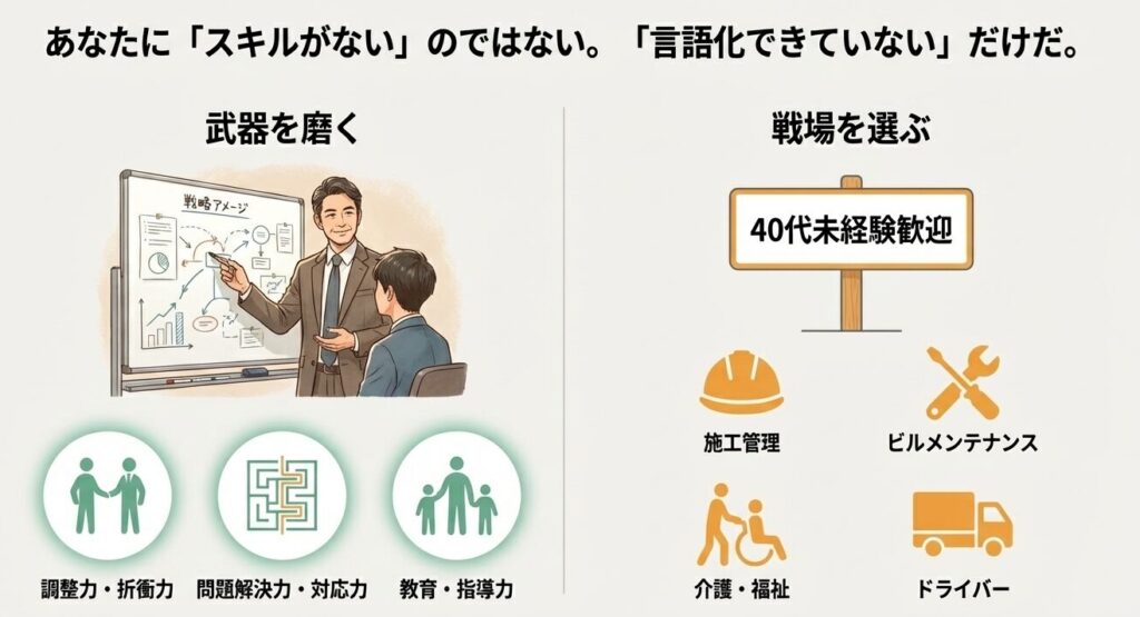 40代がアピールすべきポータブルスキルの言語化と未経験歓迎の狙い目業界マップ