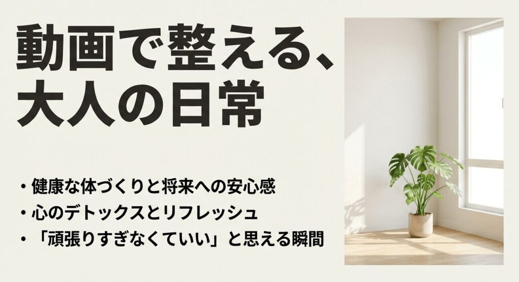 日差しの入る部屋に置かれた観葉植物。動画を通じて心のデトックスやリフレッシュをし、日常を整えるイメージ。