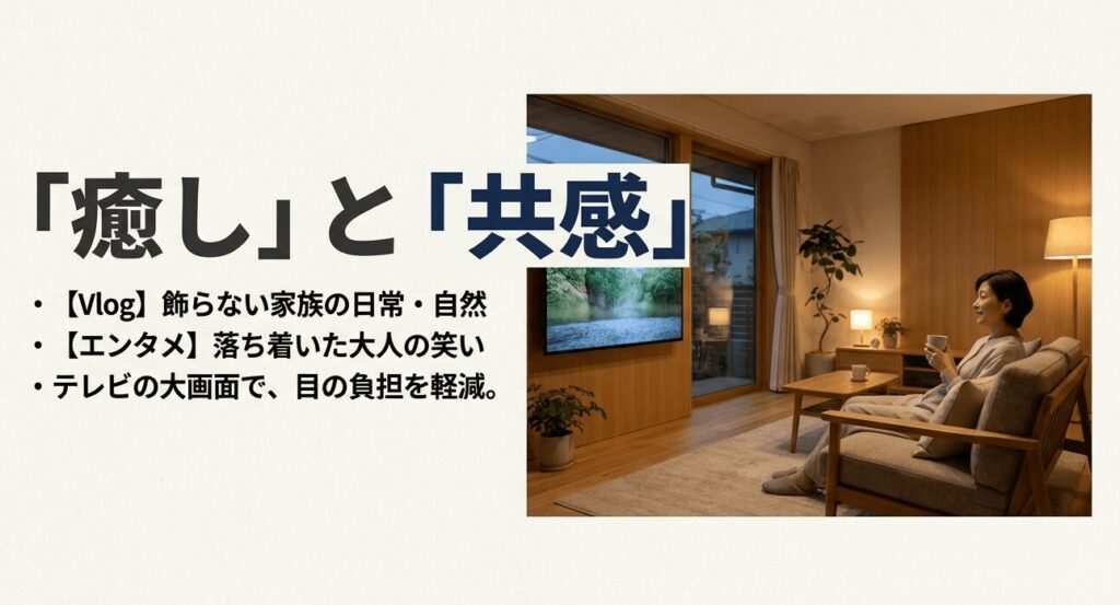 癒しと共感を得られるVlogやエンタメ動画を、テレビの大画面で楽しむ提案。