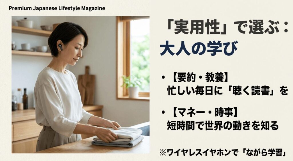 ワイヤレスイヤホンをつけて洗濯物をたたむ女性。忙しい毎日に聴く読書を取り入れるイメージ。