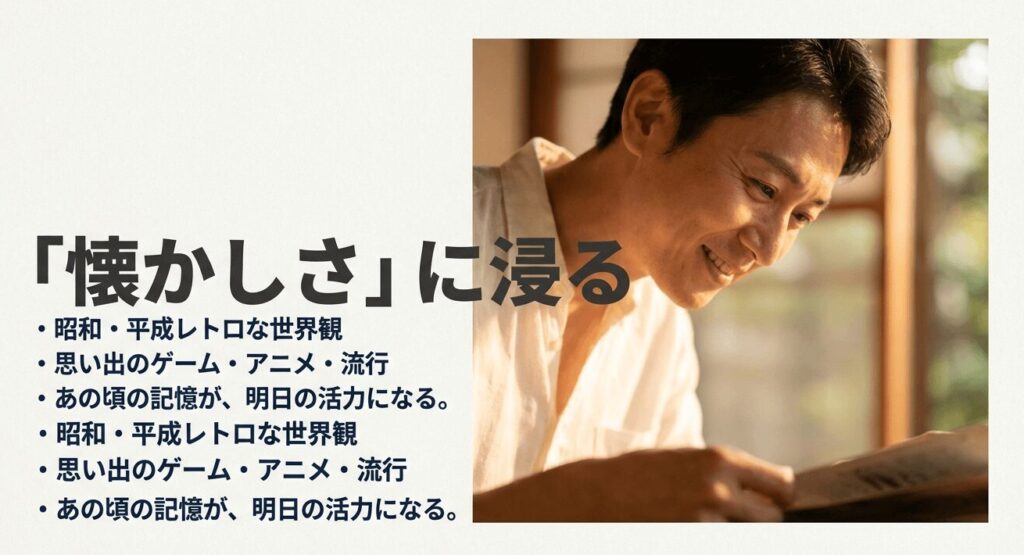 穏やかな表情で本を読む男性。昭和・平成レトロな世界観や、思い出のゲームやアニメを楽しむ大人のイメージ。