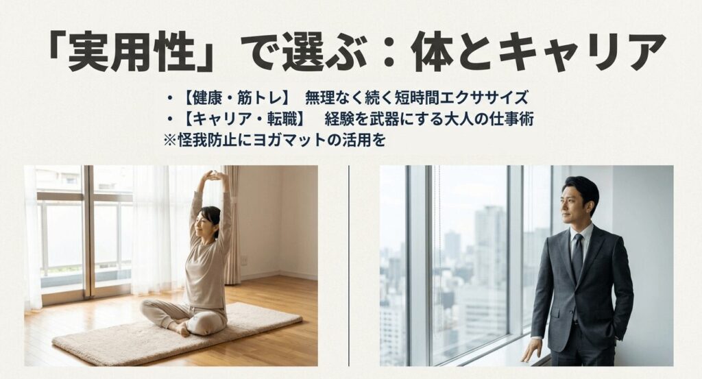 ヨガをする女性とスーツ姿の男性の写真。実用性で選ぶ健康・筋トレや、キャリア・転職に関するイメージ。