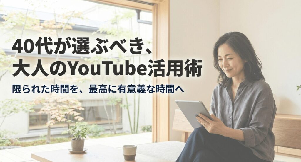 40代が選ぶべき大人のYouTube活用術。限られた時間を有意義な時間へ変える提案のタイトルロゴ。