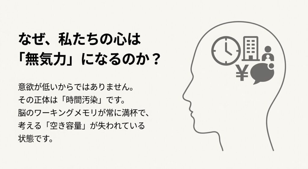 脳の空き容量が不足し無気力になる「時間汚染」のメカニズム図解