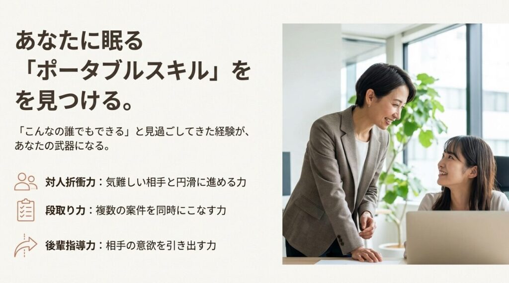 40代が持つポータブルスキルの例(対人折衝力・段取り力・後輩指導力)