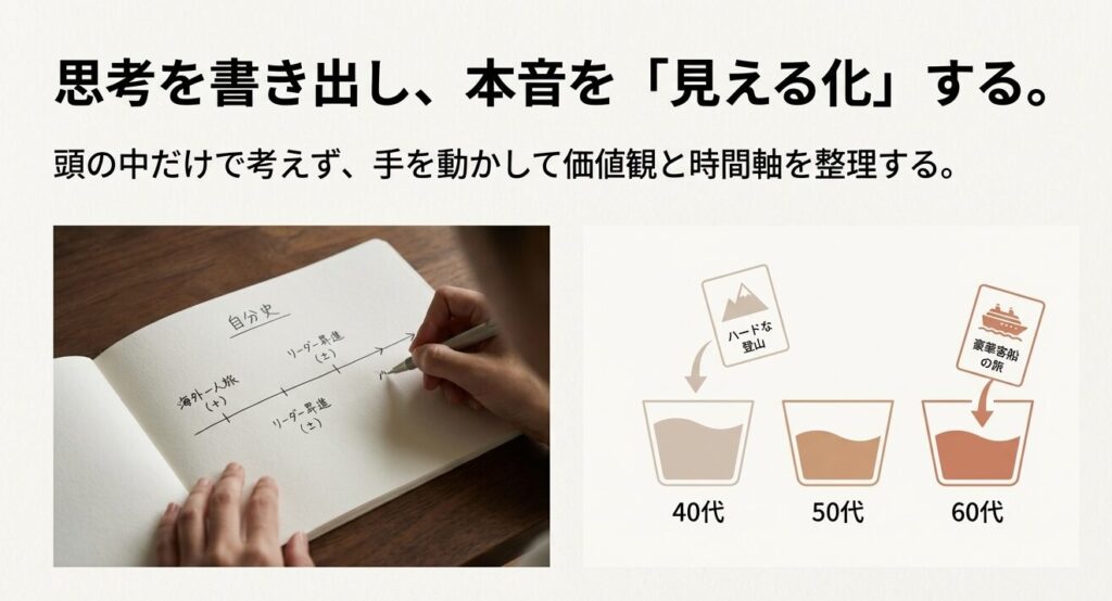 自分史の作成と年代別タイムバケットへの振り分けイメージ図