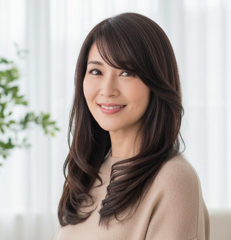 若く見える髪型は前髪ありロング・斜め前髪（流し前髪）