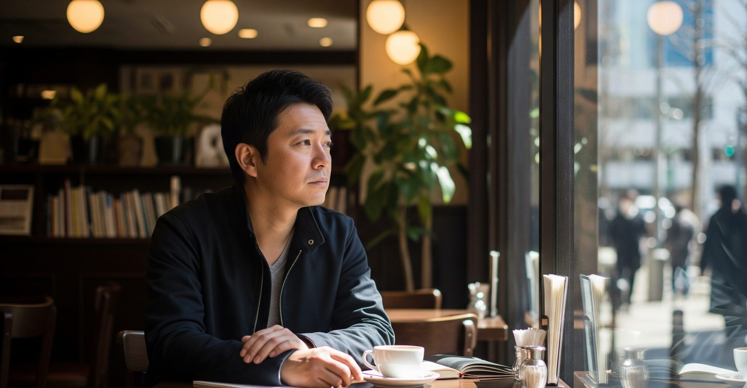 カフェで一人、窓の外を眺めながら物思いにふける40代の日本人男性。40代の孤独と人間関係の難しさを表現
