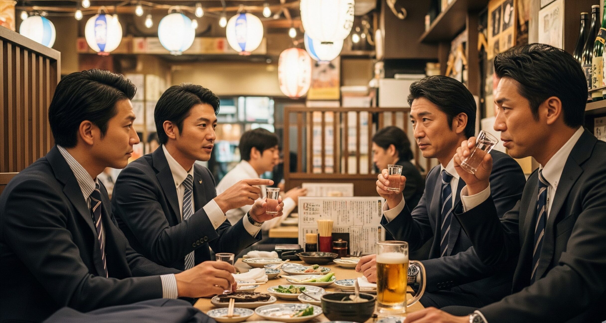 居酒屋で仕事の付き合いで飲む40代の日本人サラリーマンたち。表面的な関係性しか築きにくい男性の友情の現実を象徴。