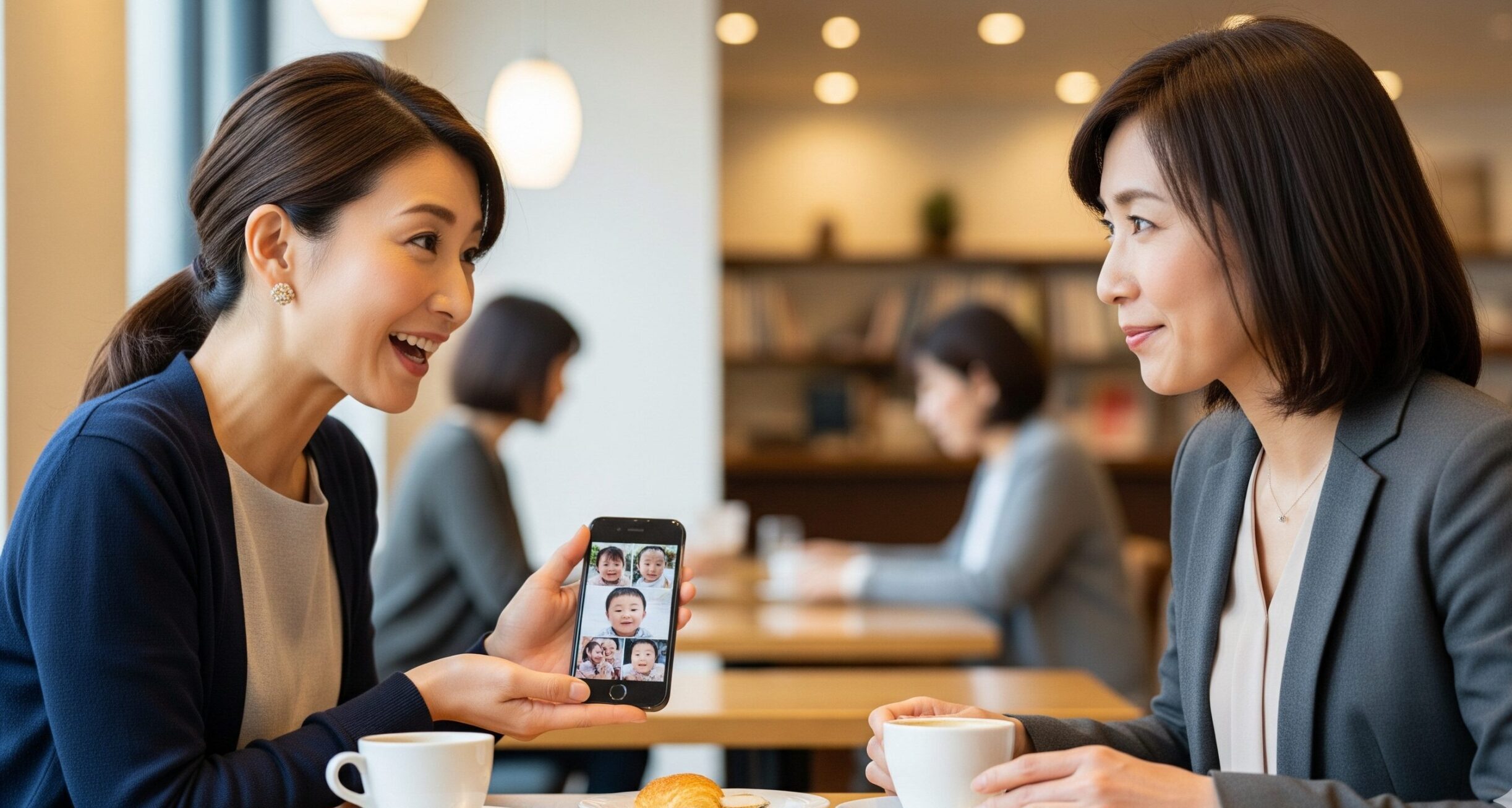 カフェでお茶をする二人の40代日本人女性。ライフステージの違いから生じる会話のズレや距離感を表現。