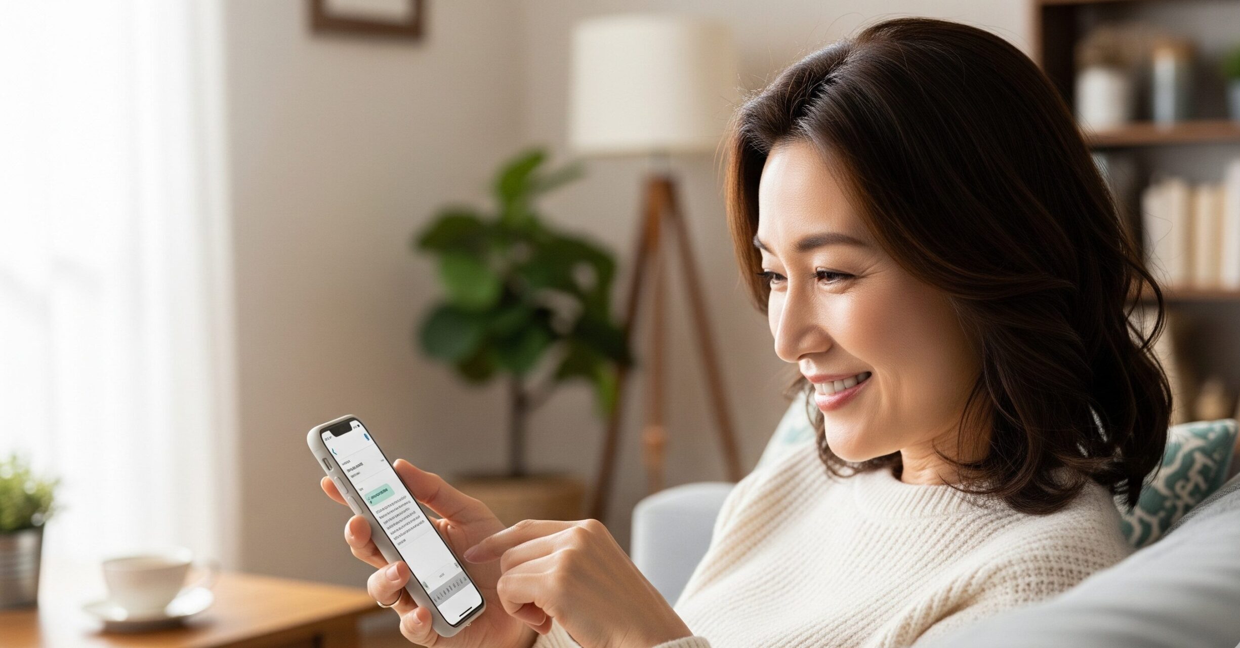 自宅のソファでリラックスしながら、スマートフォンで旧友にメッセージを送る笑顔の40代日本人女性。