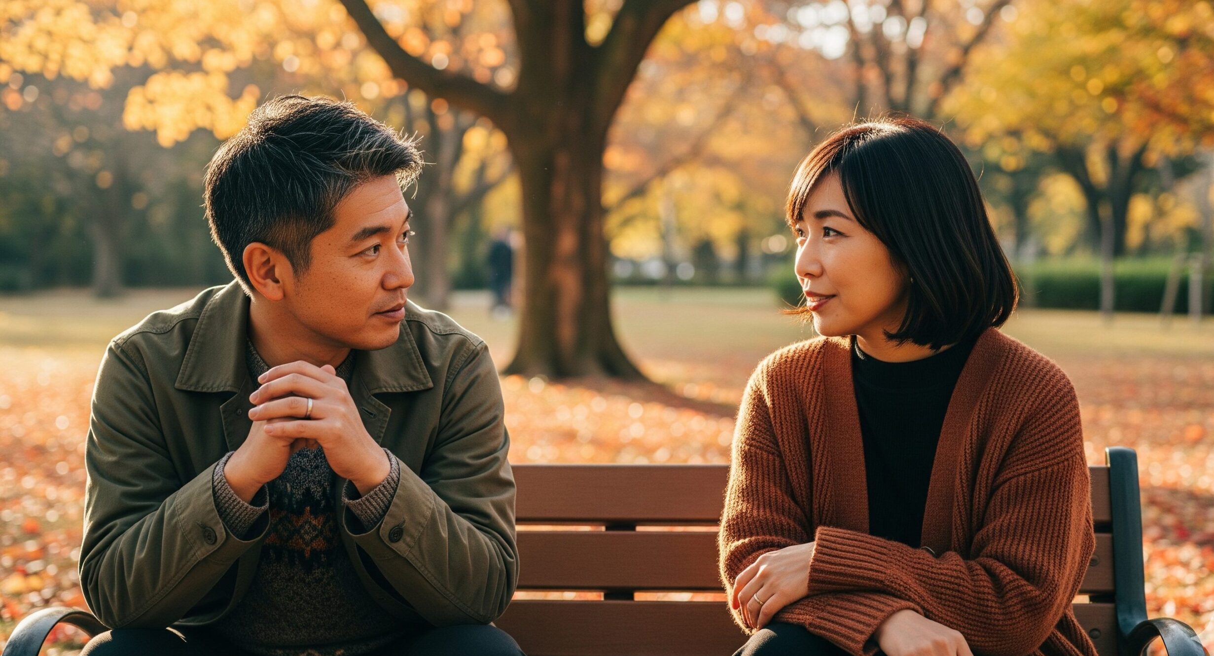 秋の公園のベンチで、穏やかに語り合う40代の日本人男女。お互いを尊重し合う、成熟した大人の友情を表現。