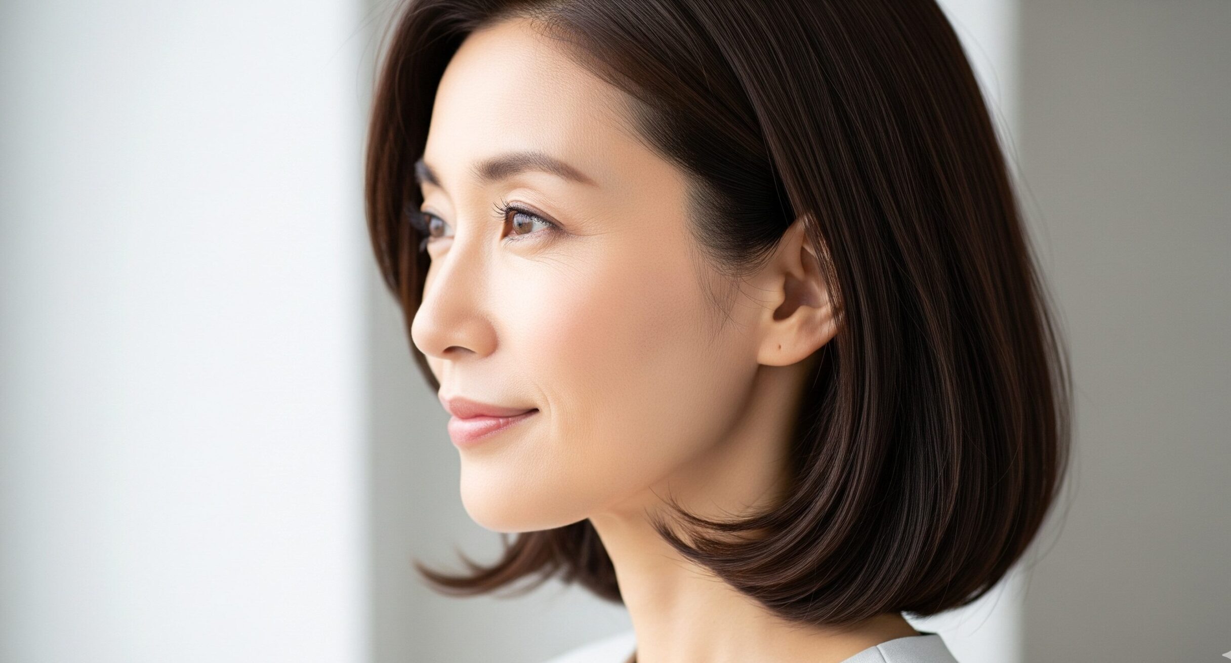 艶やかな髪と透明感のある肌を持つ、若々しい印象の40代日本人女性の横顔