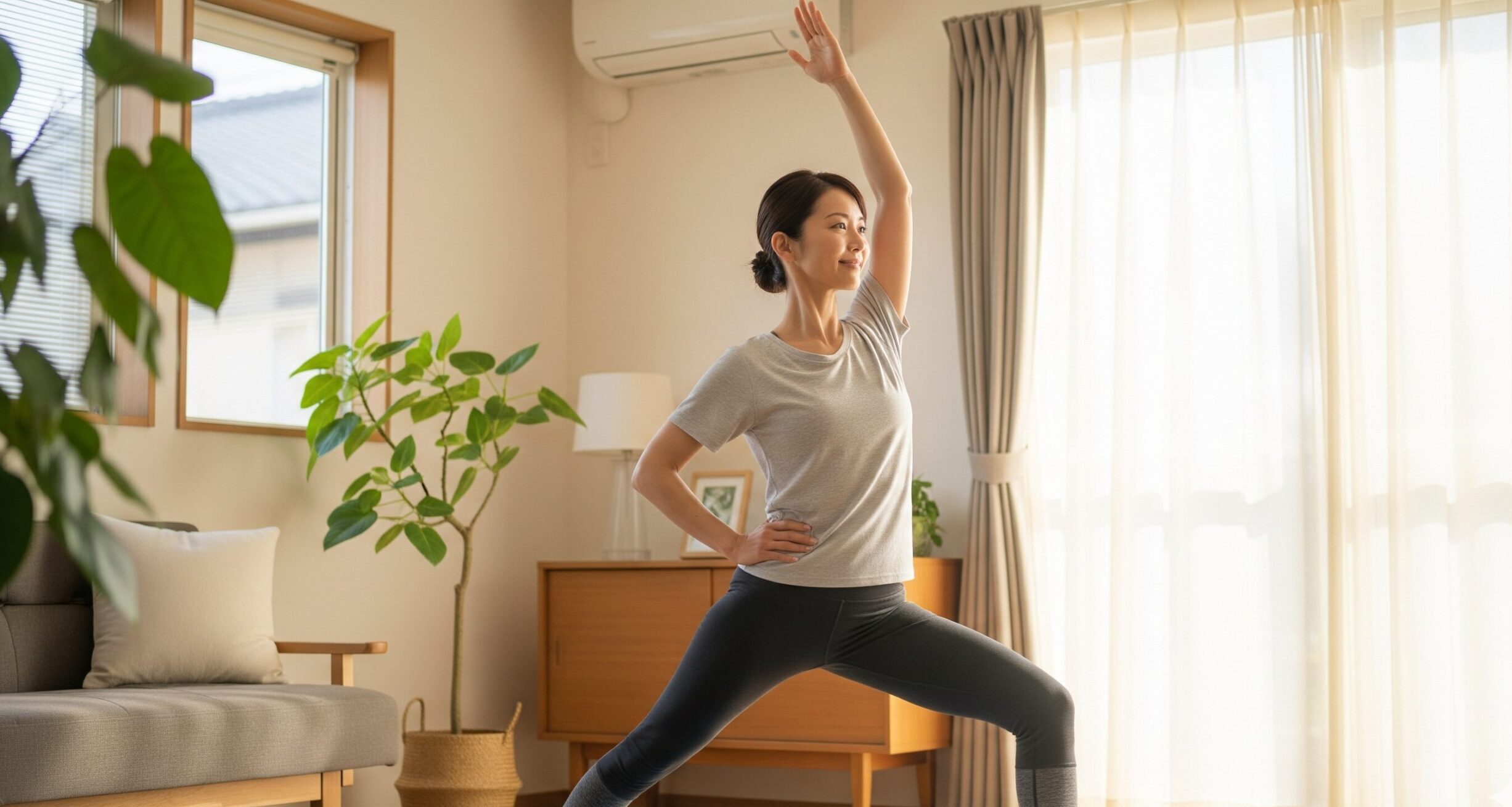 自宅のリビングでヨガを行い、健康的で若々しい生活を送る40代の日本人女性