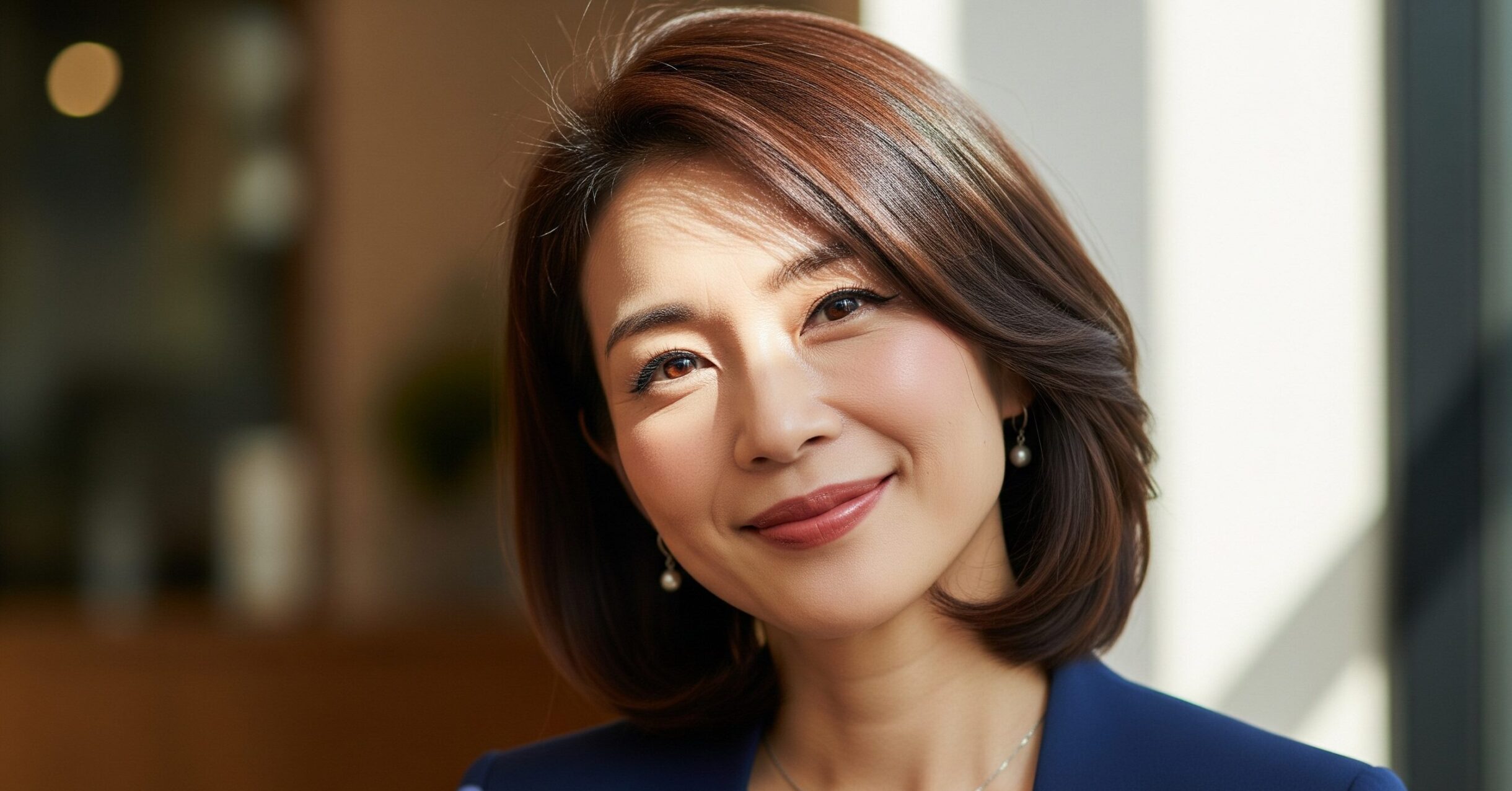 精神的な余裕と包容力を感じさせる、穏やかな表情で微笑む魅力的な40代の日本人女性