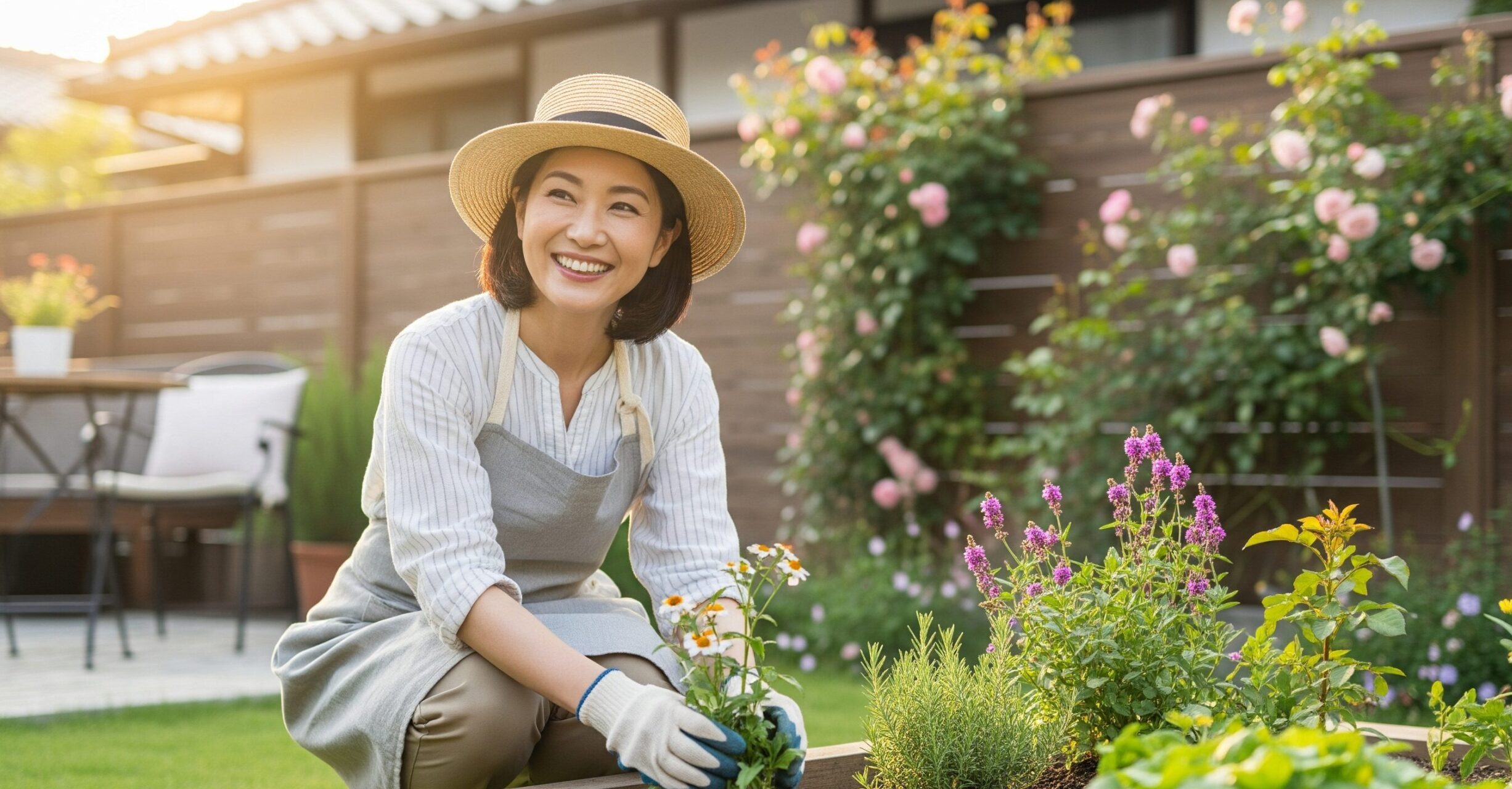 趣味のガーデニングを楽しみ、内面からの輝きとポジティブな思考が感じられる40代日本人女性
