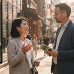 日本人と外国人が街中で会話している様子