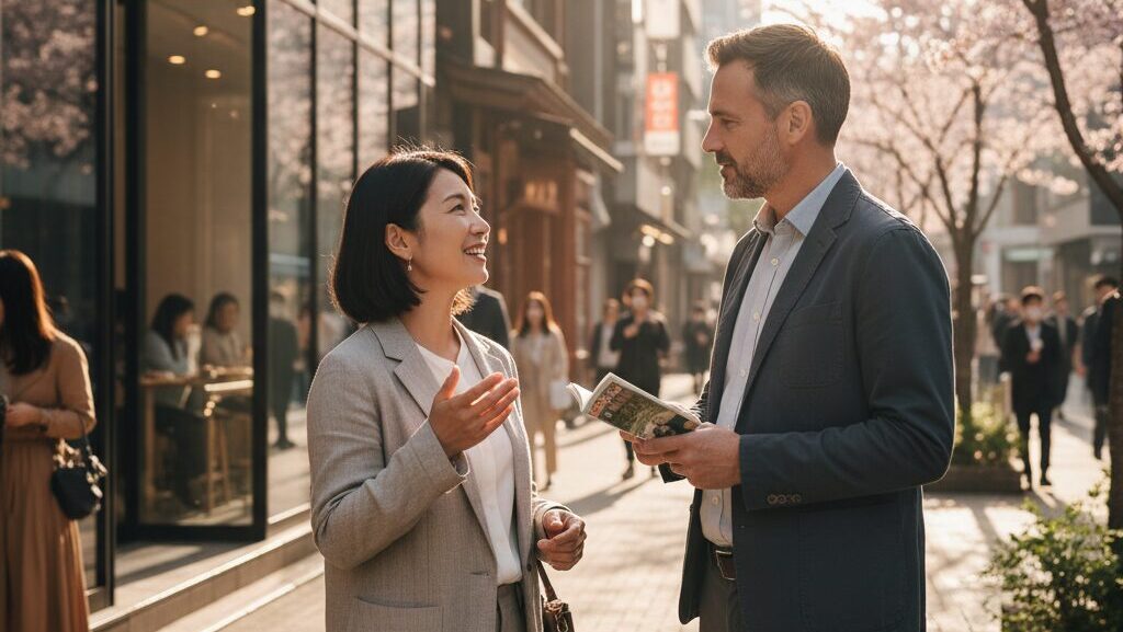 日本人と外国人が街中で会話している様子
