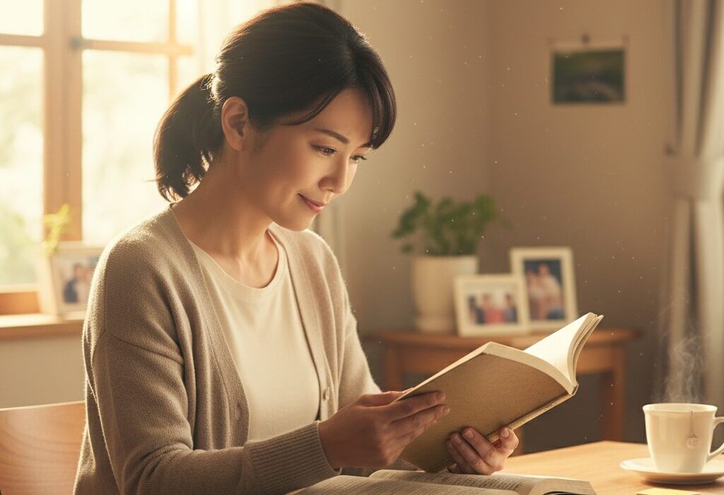 40代の日本人女性が自宅の明るいデスクで英語の勉強を始める様子。