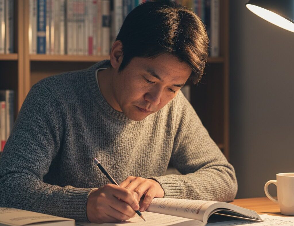 40代の学習者が中学英語の参考書に熱心に書き込みをしながら基礎からやり直している