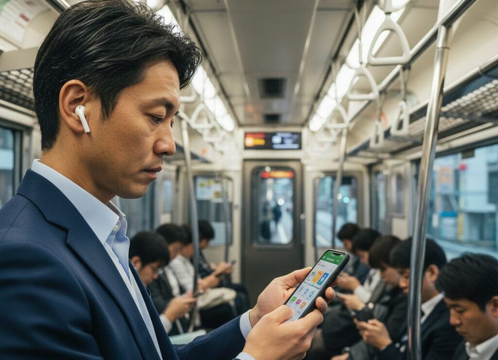 40代の日本人ビジネスマンが通勤電車の中でスマホアプリとイヤホンを使い、すきま時間に英語を勉強している
