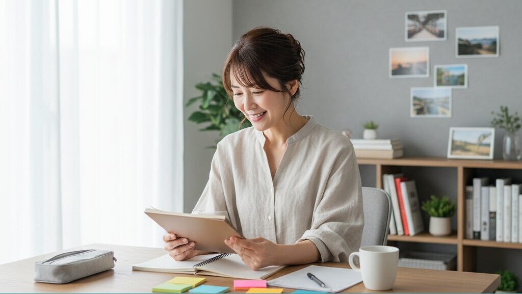 40代の女性が自分の英語学習ノートを見返し、達成感のある笑顔でモチベーションを維持している。
