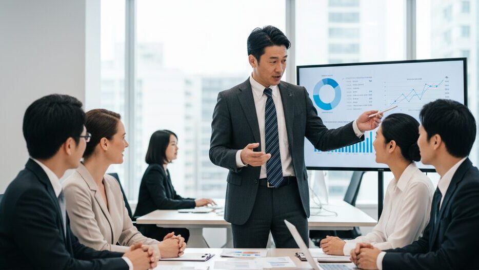 英語を身につけた40代の日本人ビジネスマンが、職場の会議で自信を持って海外の同僚と議論している