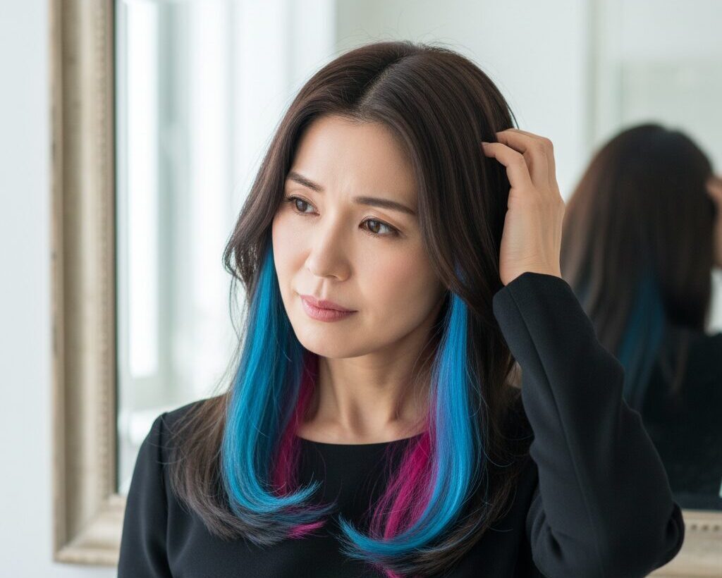 髪をかき上げながら少し困った表情を浮かべる40代の日本人女性。派手なインナーカラーが顔立ちに合わず浮いている様子