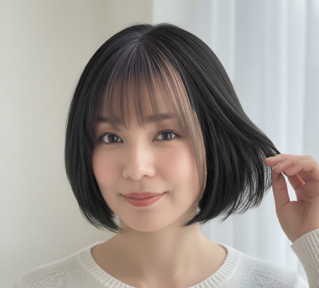 顔周りの白髪がインナーカラーのデザインに自然に溶け込んでいる40代日本人女性の横顔。白髪が目立たず、おしゃれな印象