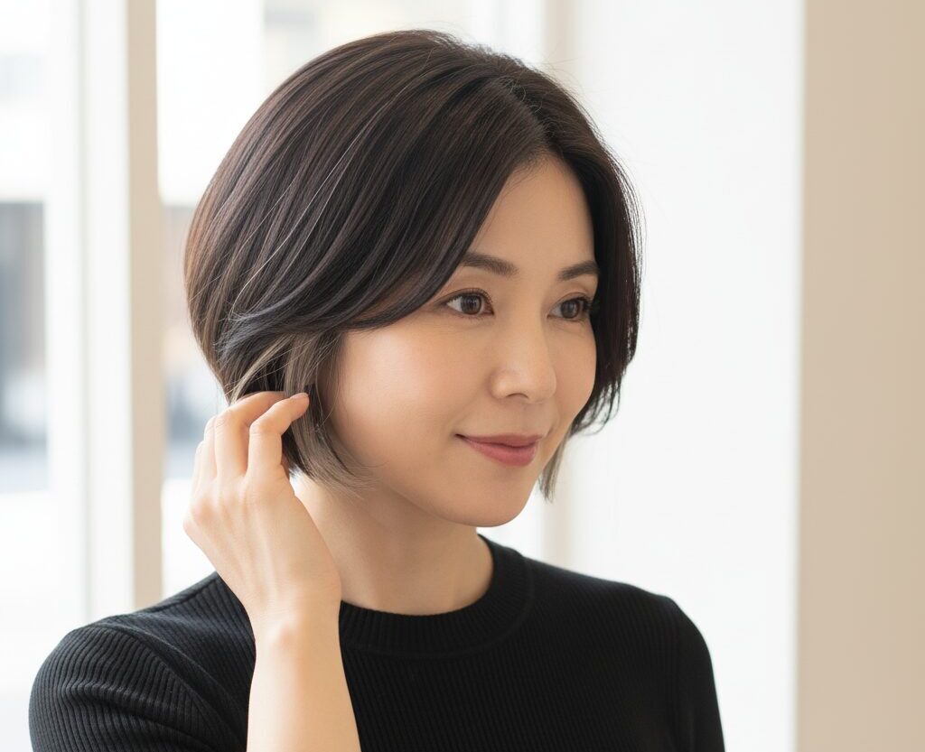 温かみのあるアッシュグレージュのインナーカラーを施した40代日本人女性のボブヘア。自然な光沢があり、肌色によく馴染んでいる