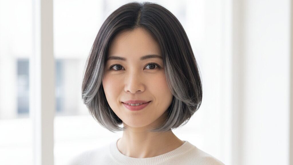 ショートボブの髪型にアッシュ系のインナーカラーを施した40代日本人女性。顔周りがすっきりと見え、若々しい印象