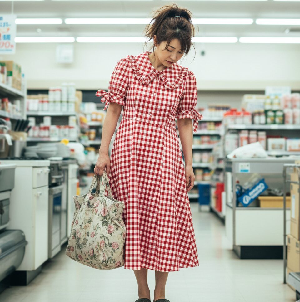 スーパーマーケットの通路で、赤と白のギンガムチェックの膝丈ワンピースを着用し、花柄のエコバッグとサンダルを合わせた40代の日本人女性。少しうつむき加減で「ギンガムチェック事故」のネガティブな印象を表現