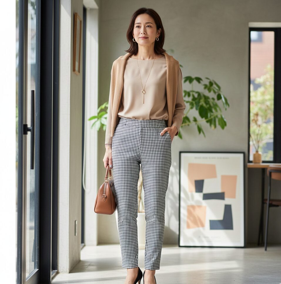 40代の日本人女性がブラウン系のギンガムチェックパンツを着用し、温かみのあるベージュやキャメルのニットを合わせた秋らしいワントーンコーディネート。上品で落ち着いた印象を表現。