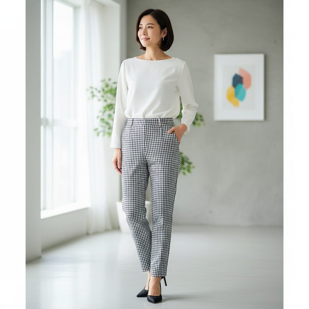 40代の日本人女性が黒と白のギンガムチェック柄センタープレス入りテーパードパンツを着用し、足元はヒールのパンプス。トップスはシンプルな無地のブラウスで、大人らしくきれいめな印象のコーディネート。