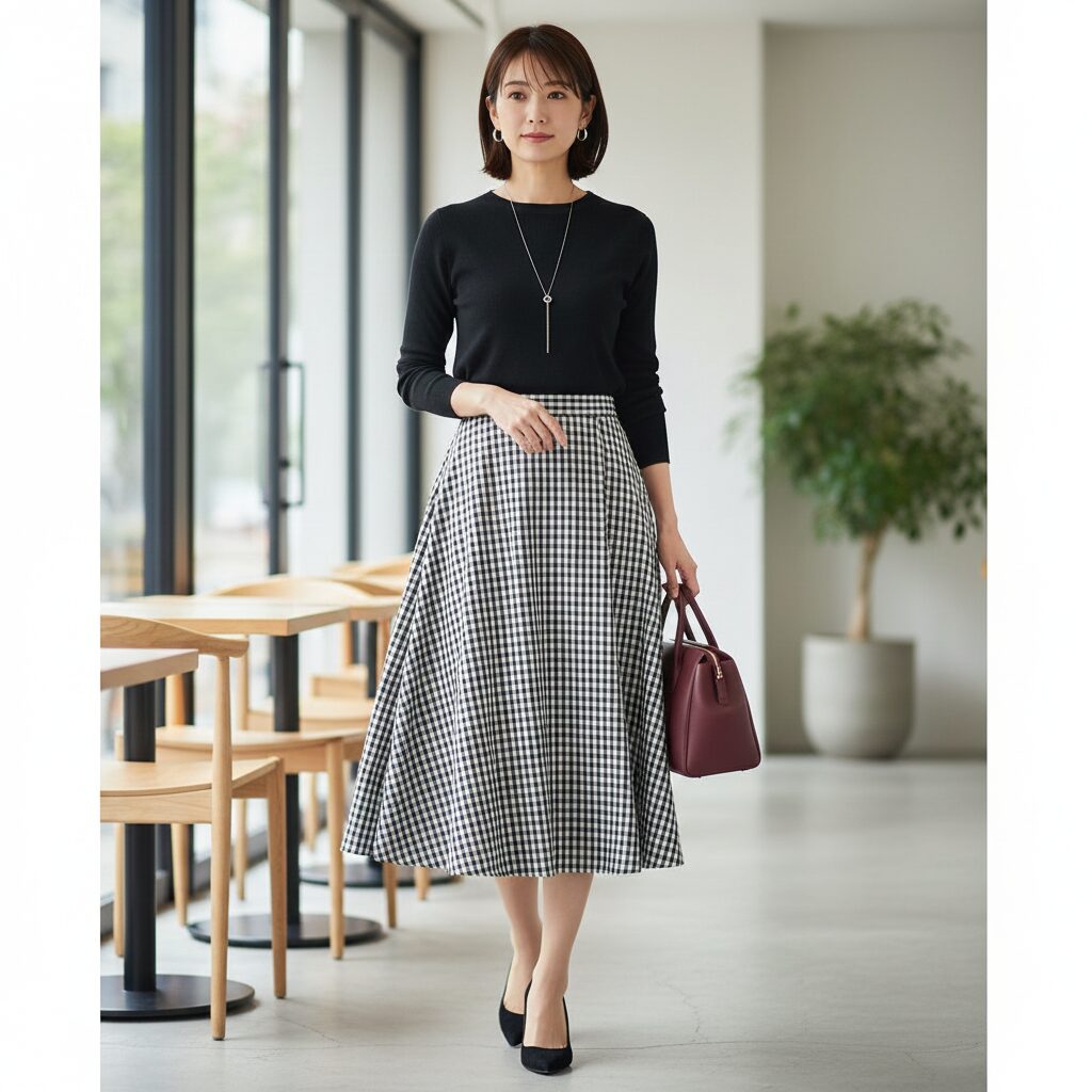 40代の日本人女性がギンガムチェックのミモレ丈スカートを着用し、シックなトップスとヒールを合わせた上品なコーディネート。足首が見える丈感で、女性らしさと抜け感を表現している。
