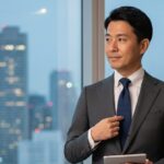 鏡の前で自分のネクタイ姿を確認し、Vゾーンの印象に悩みを感じている40代の日本人ビジネスマン