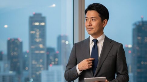 鏡の前で自分のネクタイ姿を確認し、Vゾーンの印象に悩みを感じている40代の日本人ビジネスマン