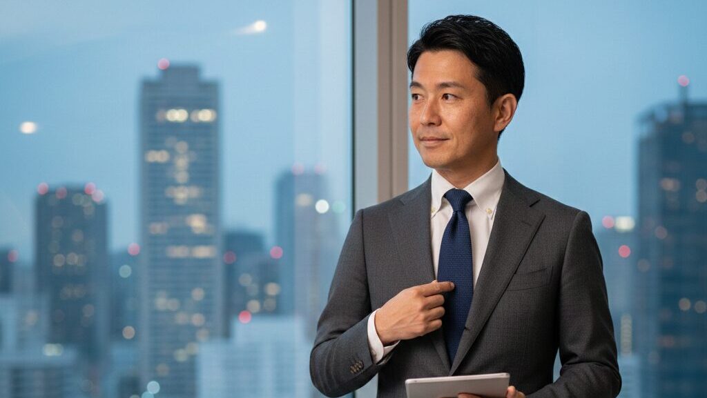 鏡の前で自分のネクタイ姿を確認し、Vゾーンの印象に悩みを感じている40代の日本人ビジネスマン