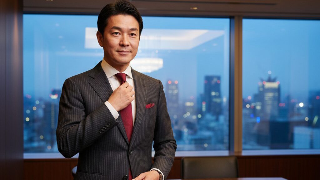 高級オフィスで自信に満ちた表情を見せる、ハイブランドのシックなネクタイを着用した40代日本人エグゼクティブ