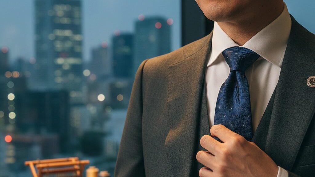 シャツの襟元に立体的に収まった、美しいディンプル（くぼみ）が作られたネイビーの無地ネクタイのアップ